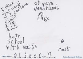 Message and sketch expressing the impact of the COVID-19 pandemic by Oliver, age 9.