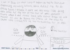 Message and drawing expressing the impact of the COVID-19 pandemic by Gabriel, age 12.