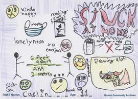 Message and drawing expressing the impact of the COVID-19 pandemic by Caelin, age 11.