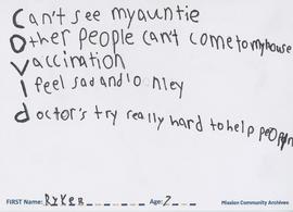 Acrostic poem expressing the impact of the COVID-19 pandemic by Ryker, age 7.