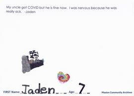 Message and drawing expressing the impact of the COVID-19 pandemic by Jaden, age 7.