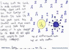 Message and drawing expressing the impact of the COVID-19 pandemic by Avery, age 14.