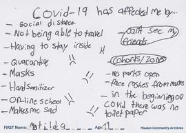 Message expressing the impact of the COVID-19 pandemic by Matilda, age 11.