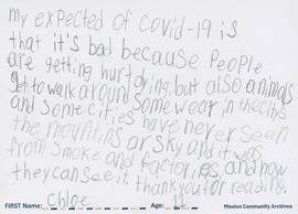Message expressing the impact of the COVID-19 pandemic by Chloe, age 11.